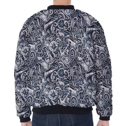Abstract Nautical Anchor Pattern Print Zip Sleeve Bomber Jacket