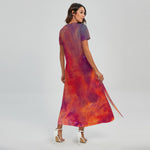 Abstract Nebula Cloud Galaxy Space Print Short Sleeve Maxi Dress