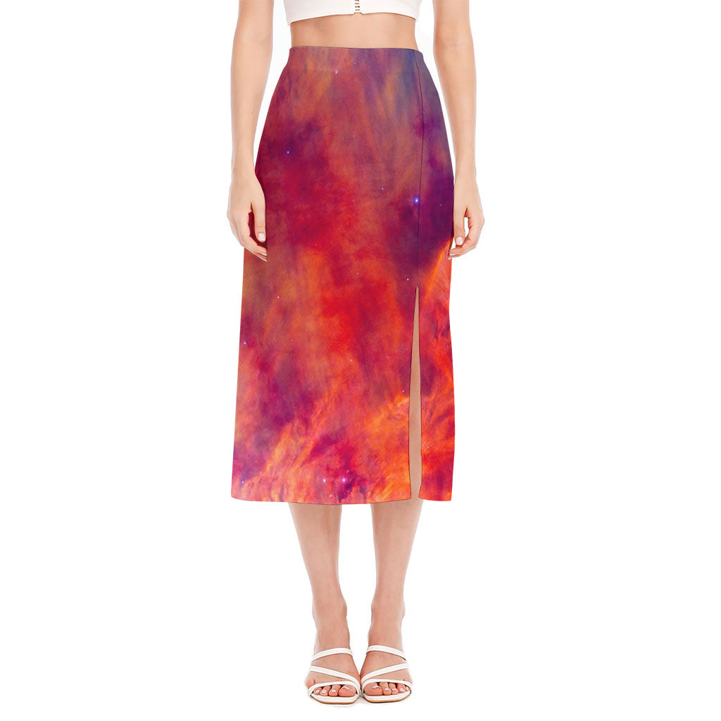 Abstract Nebula Cloud Galaxy Space Print Side Slit Midi Skirt