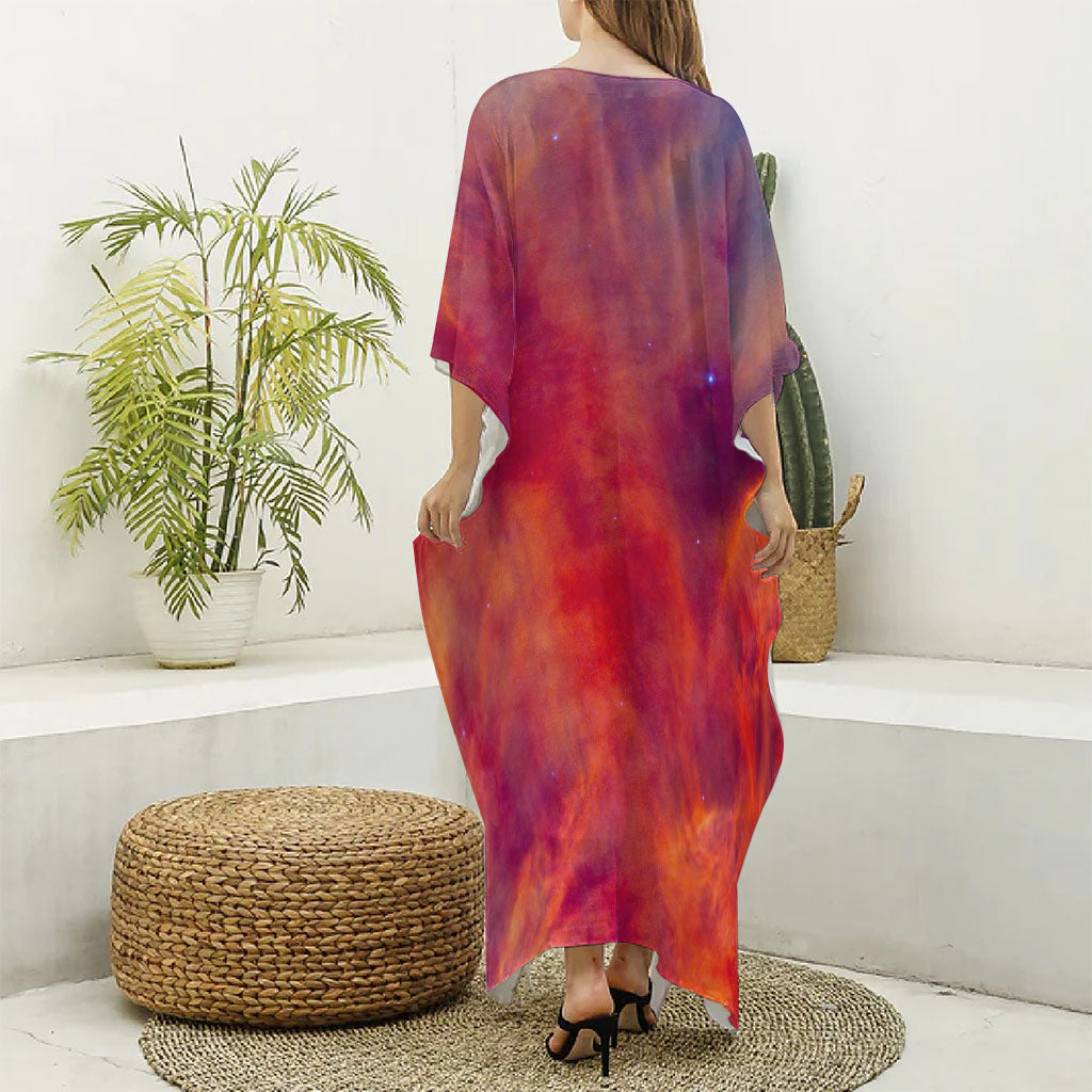 Abstract Nebula Cloud Galaxy Space Print Silk V-Neck Kaftan Dress