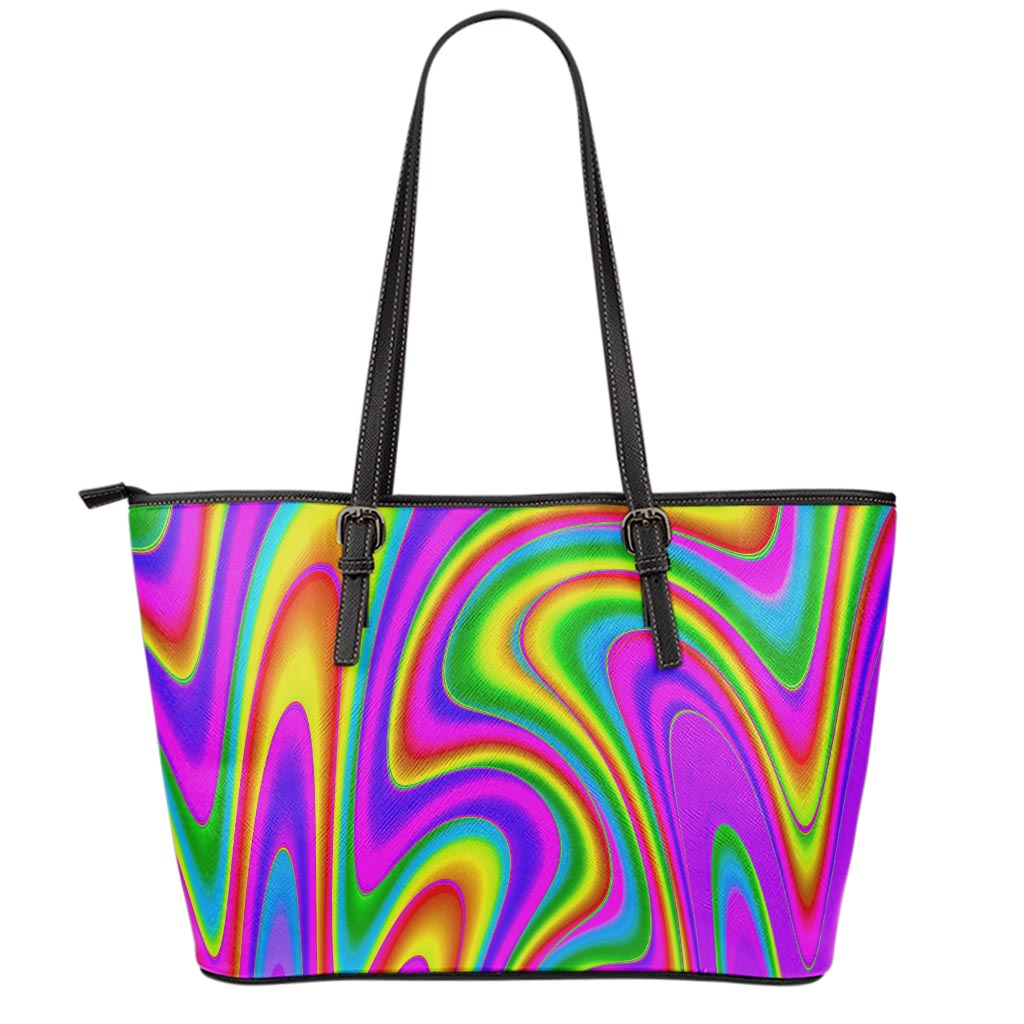 Abstract Neon Trippy Print Leather Tote Bag