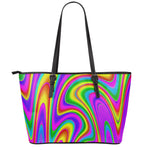 Abstract Neon Trippy Print Leather Tote Bag