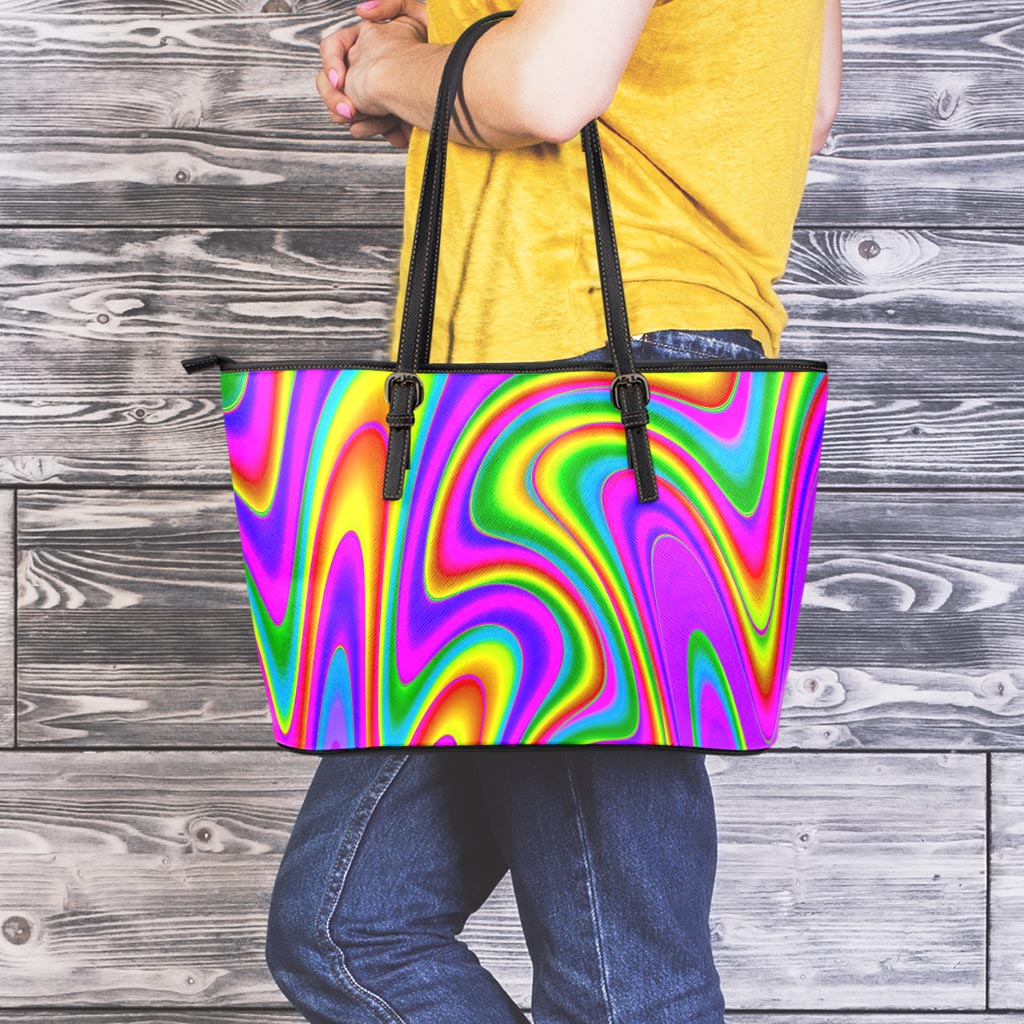 Abstract Neon Trippy Print Leather Tote Bag
