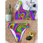 Abstract Neon Trippy Print One Shoulder Bikini Top