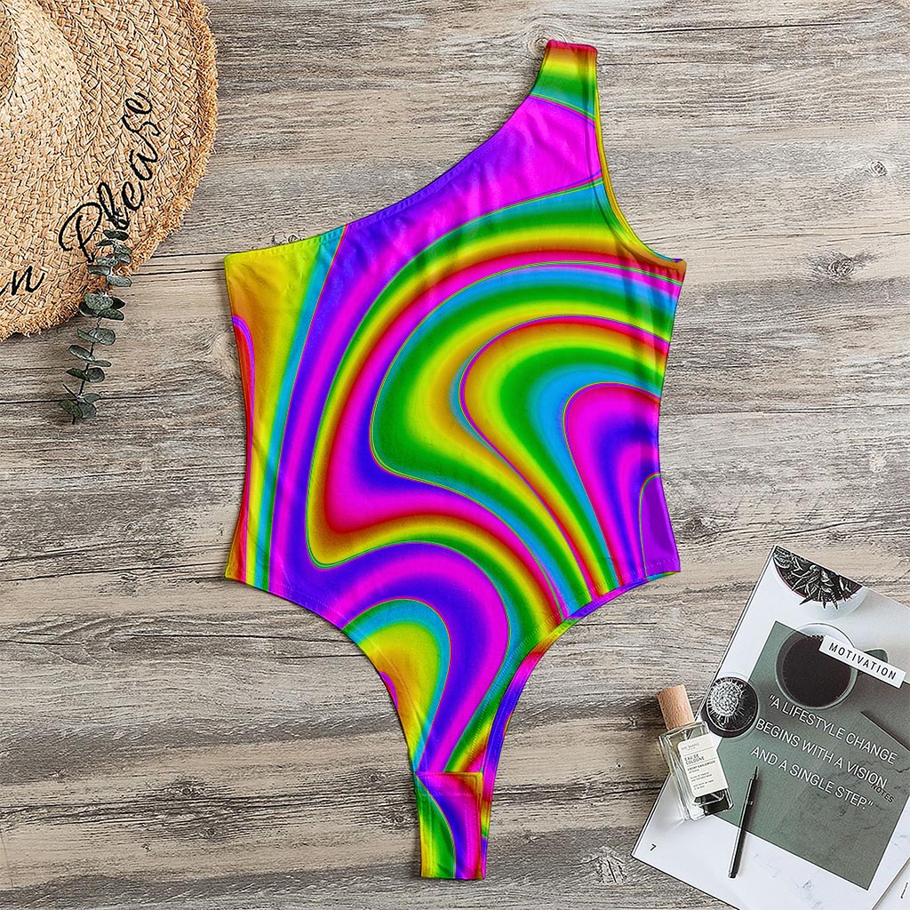 Abstract Neon Trippy Print One Shoulder Bodysuit