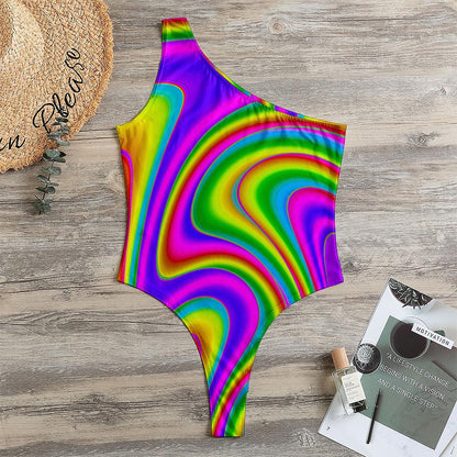 Abstract Neon Trippy Print One Shoulder Bodysuit