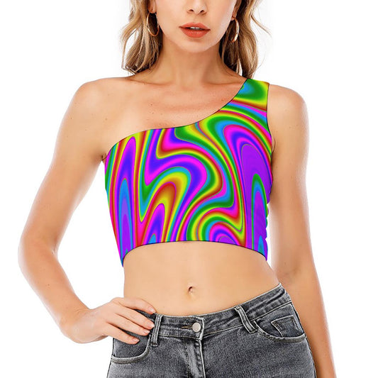 Abstract Neon Trippy Print One Shoulder Crop Top