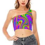 Abstract Neon Trippy Print One Shoulder Crop Top