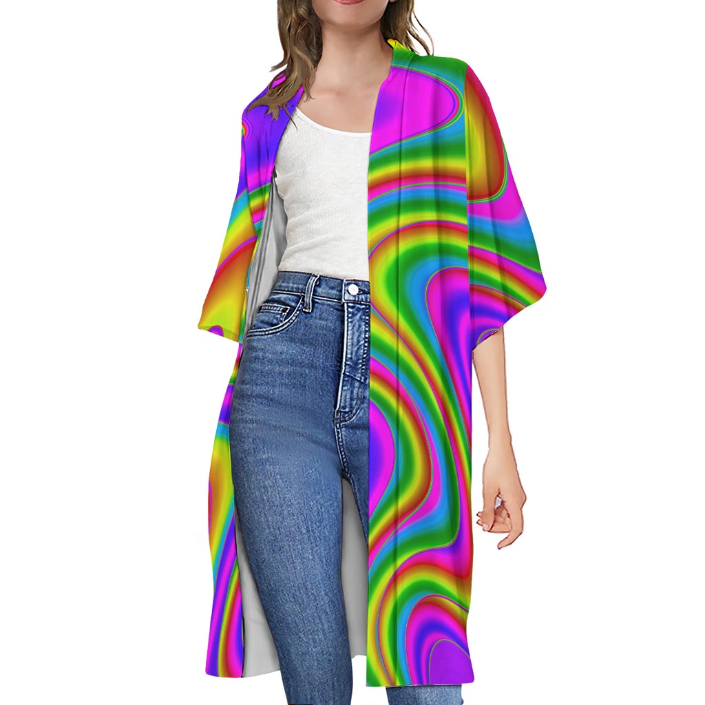 Abstract Neon Trippy Print Open Front Beach Cover Up