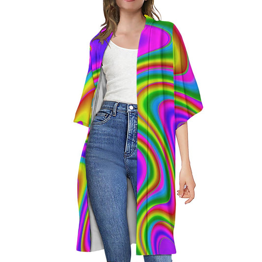 Abstract Neon Trippy Print Open Front Beach Cover Up