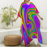 Abstract Neon Trippy Print Silk V-Neck Kaftan Dress