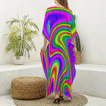 Abstract Neon Trippy Print Silk V-Neck Kaftan Dress