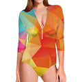 Abstract Polygonal Geometric Print Long Sleeve Swimsuit