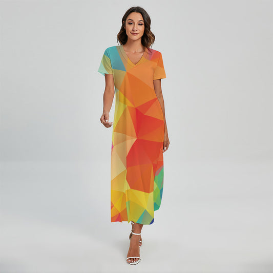 Abstract Polygonal Geometric Print Short Sleeve Maxi Dress