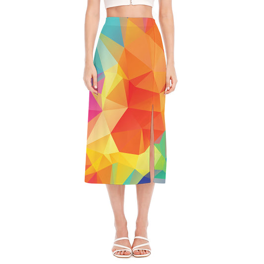 Abstract Polygonal Geometric Print Side Slit Midi Skirt
