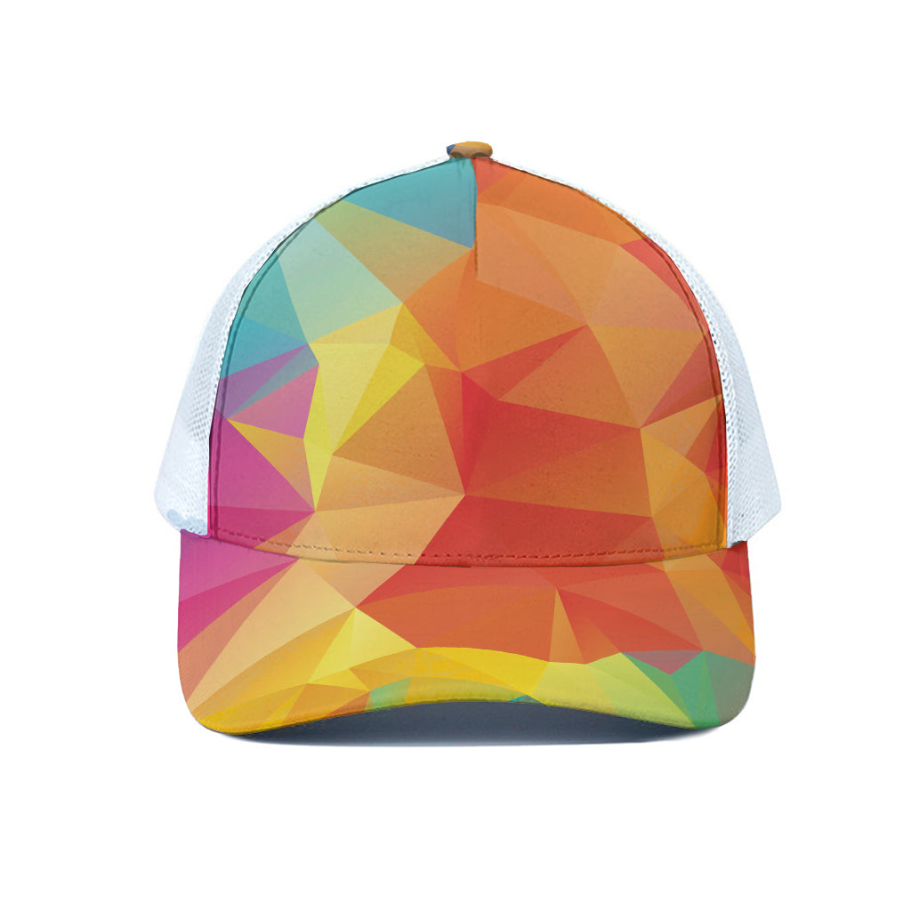 Abstract Polygonal Geometric Print White Mesh Trucker Cap