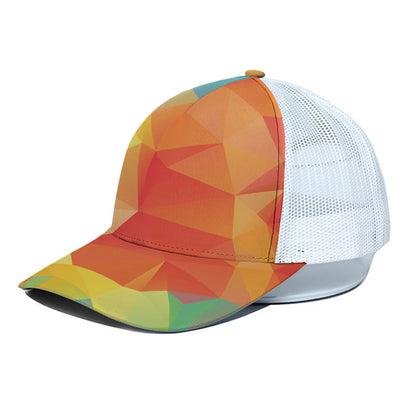Abstract Polygonal Geometric Print White Mesh Trucker Cap