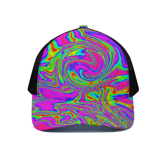 Abstract Psychedelic Liquid Trippy Print Black Mesh Trucker Cap