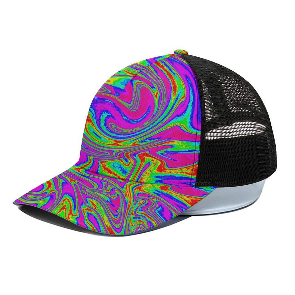 Abstract Psychedelic Liquid Trippy Print Black Mesh Trucker Cap