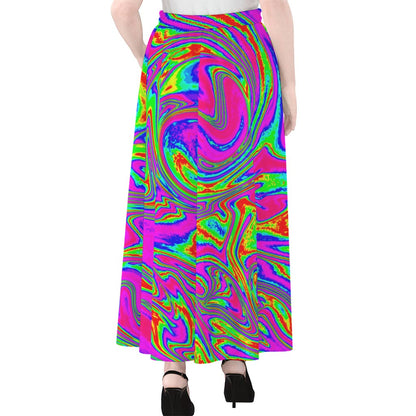 Abstract Psychedelic Liquid Trippy Print Chiffon Maxi Skirt