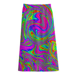 Abstract Psychedelic Liquid Trippy Print Cotton Front Slit Maxi Skirt