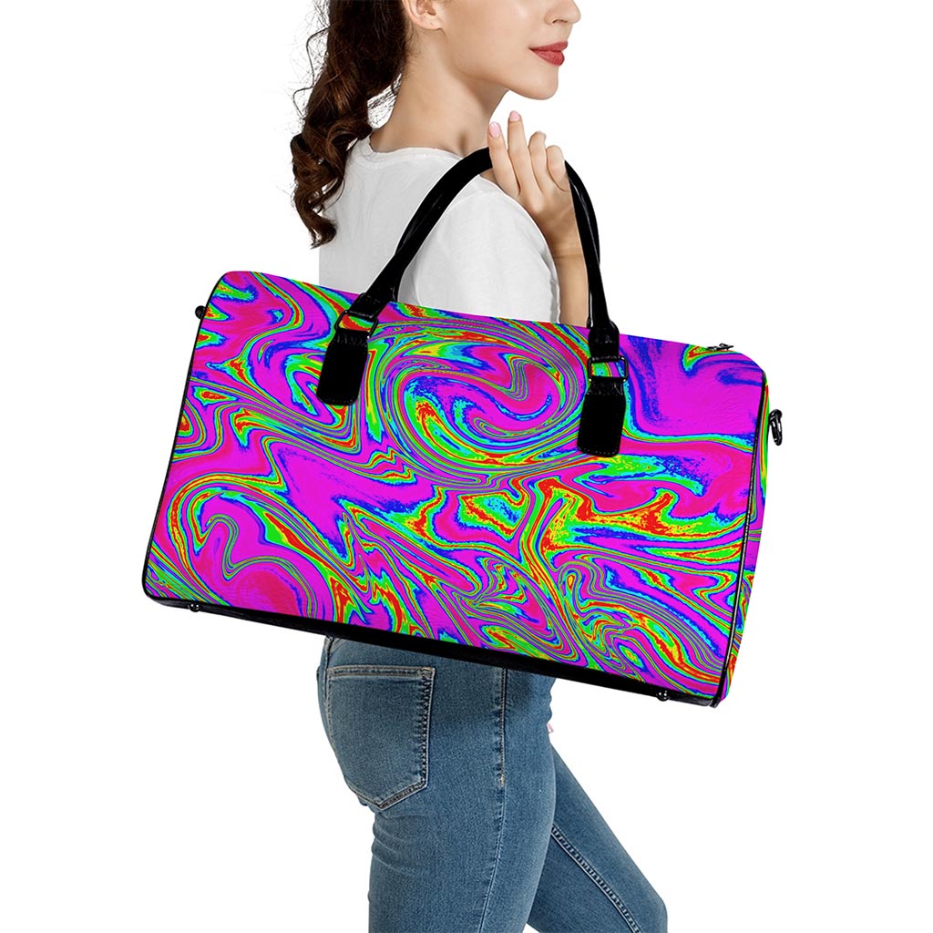 Abstract Psychedelic Liquid Trippy Print Leather Duffle Bag