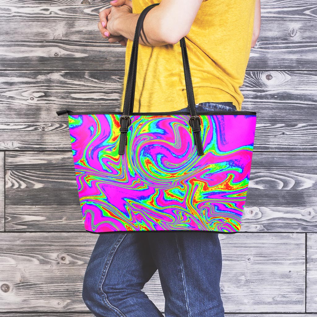 Abstract Psychedelic Liquid Trippy Print Leather Tote Bag