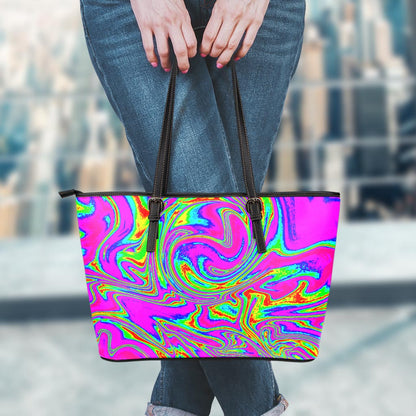 Abstract Psychedelic Liquid Trippy Print Leather Tote Bag