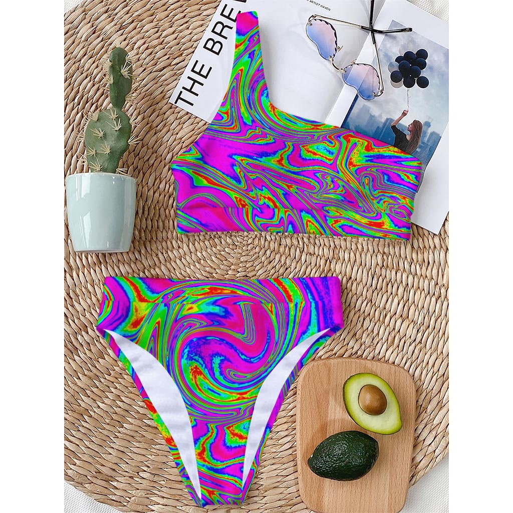 Abstract Psychedelic Liquid Trippy Print One Shoulder Bikini Top
