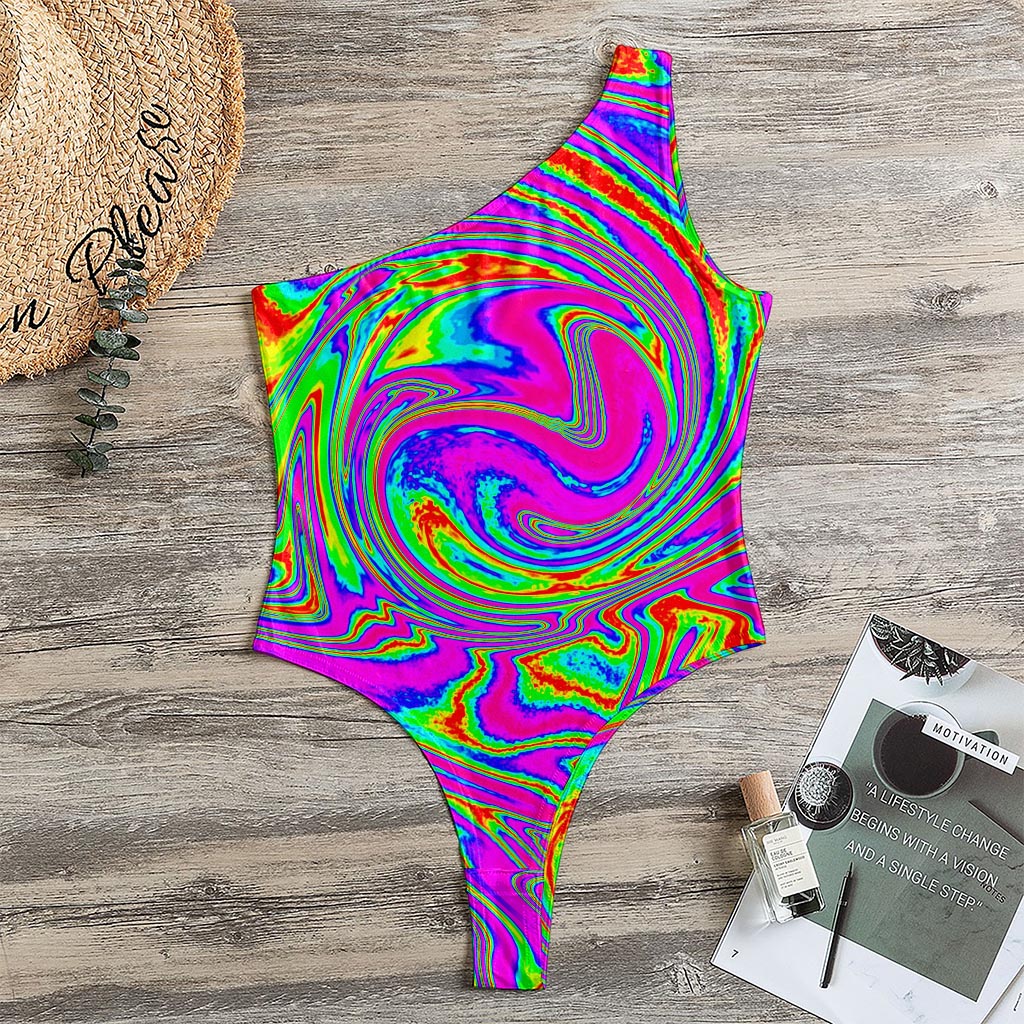 Abstract Psychedelic Liquid Trippy Print One Shoulder Bodysuit