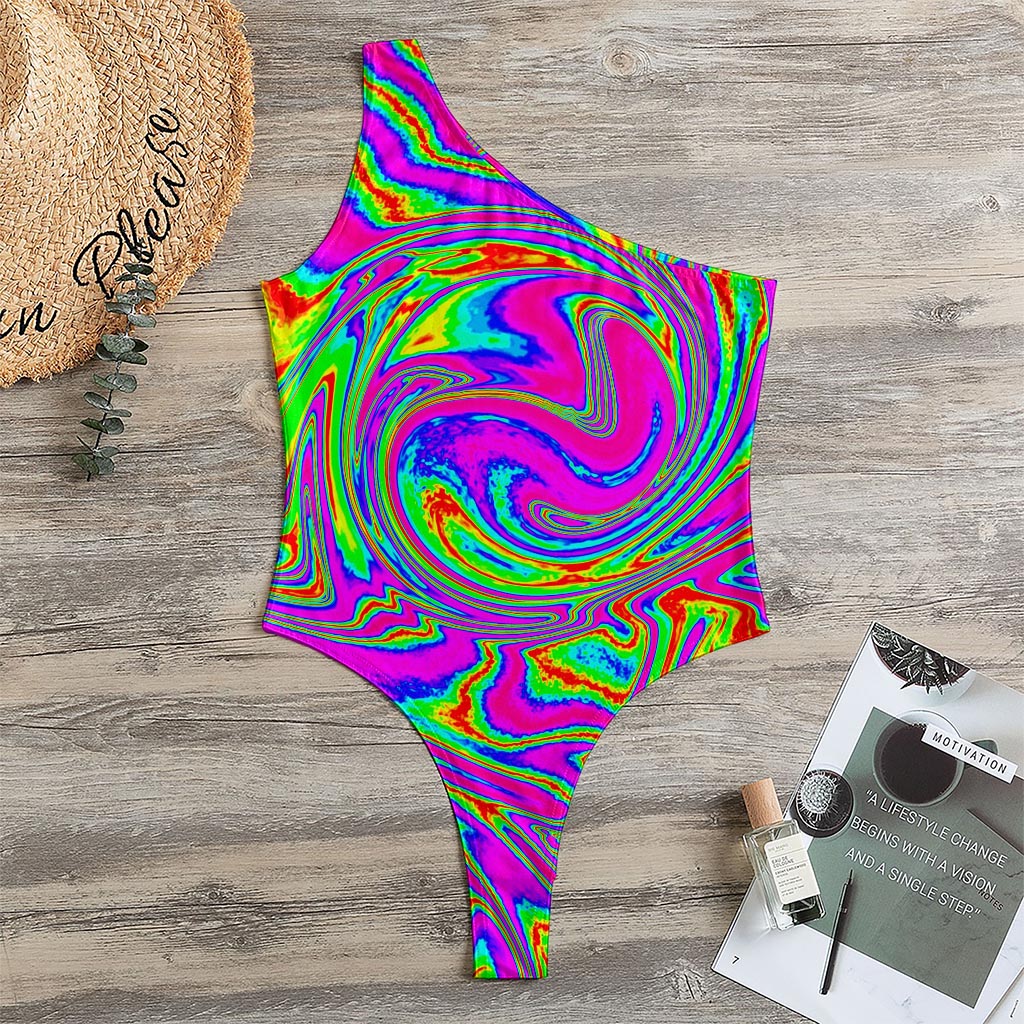 Abstract Psychedelic Liquid Trippy Print One Shoulder Bodysuit