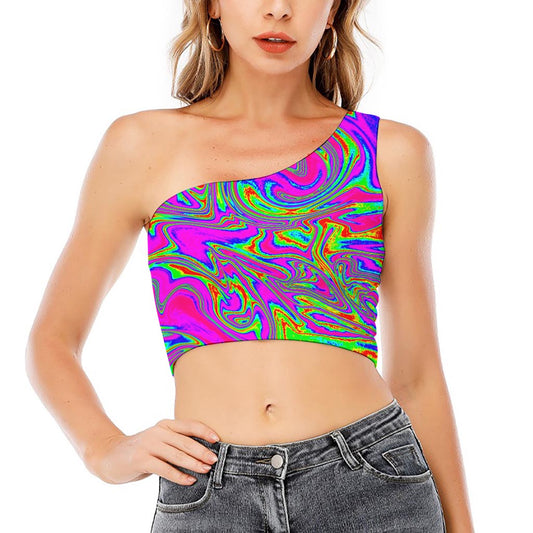 Abstract Psychedelic Liquid Trippy Print One Shoulder Crop Top
