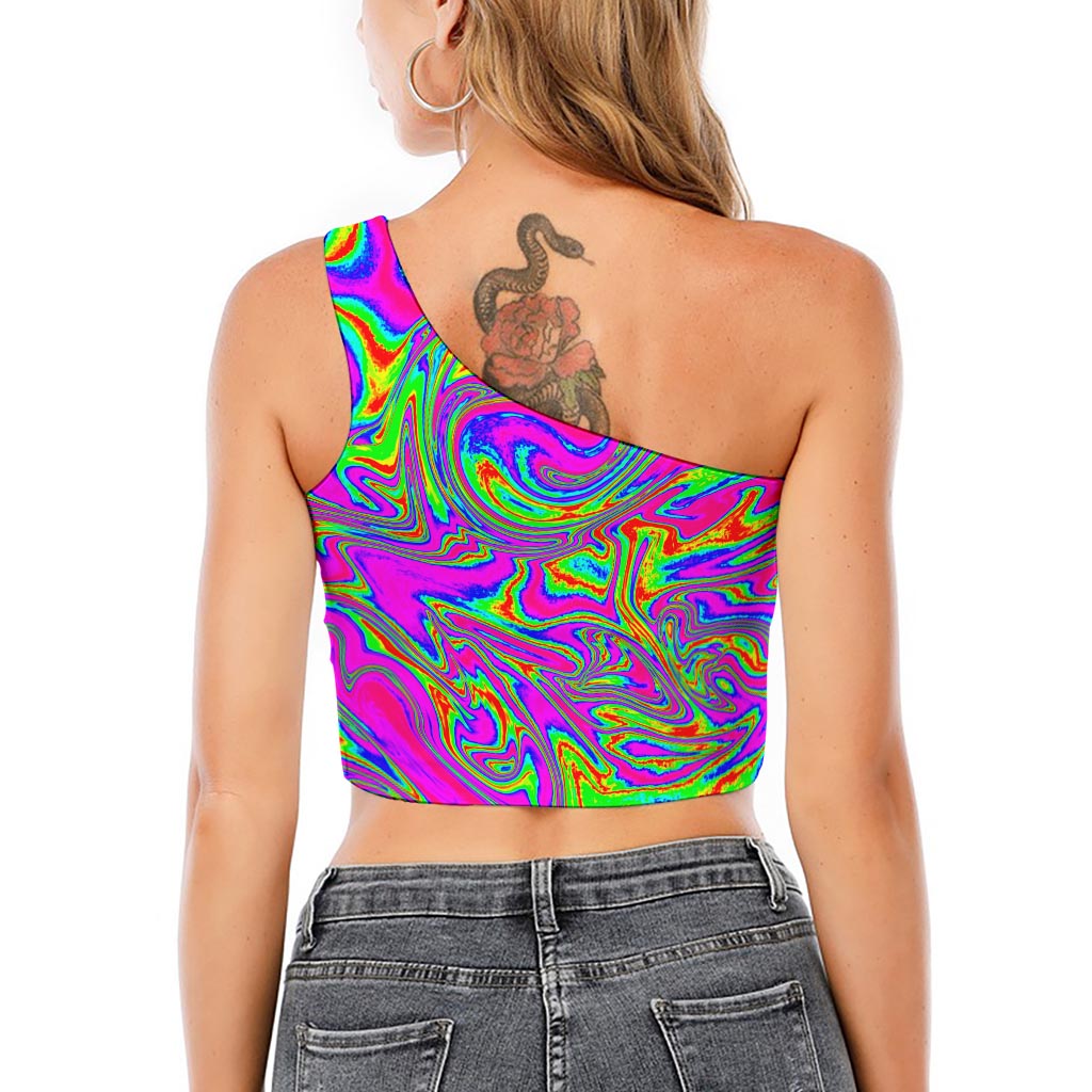 Abstract Psychedelic Liquid Trippy Print One Shoulder Crop Top