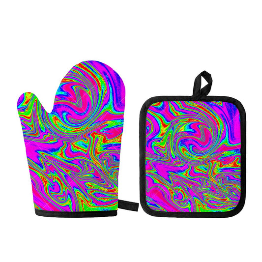 Abstract Psychedelic Liquid Trippy Print Oven Mitt And Pot Holder Set