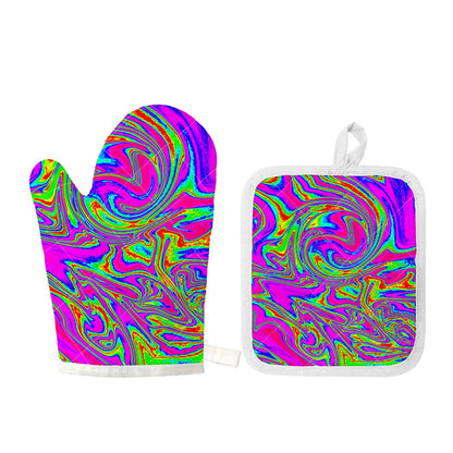 Abstract Psychedelic Liquid Trippy Print Oven Mitt And Pot Holder Set