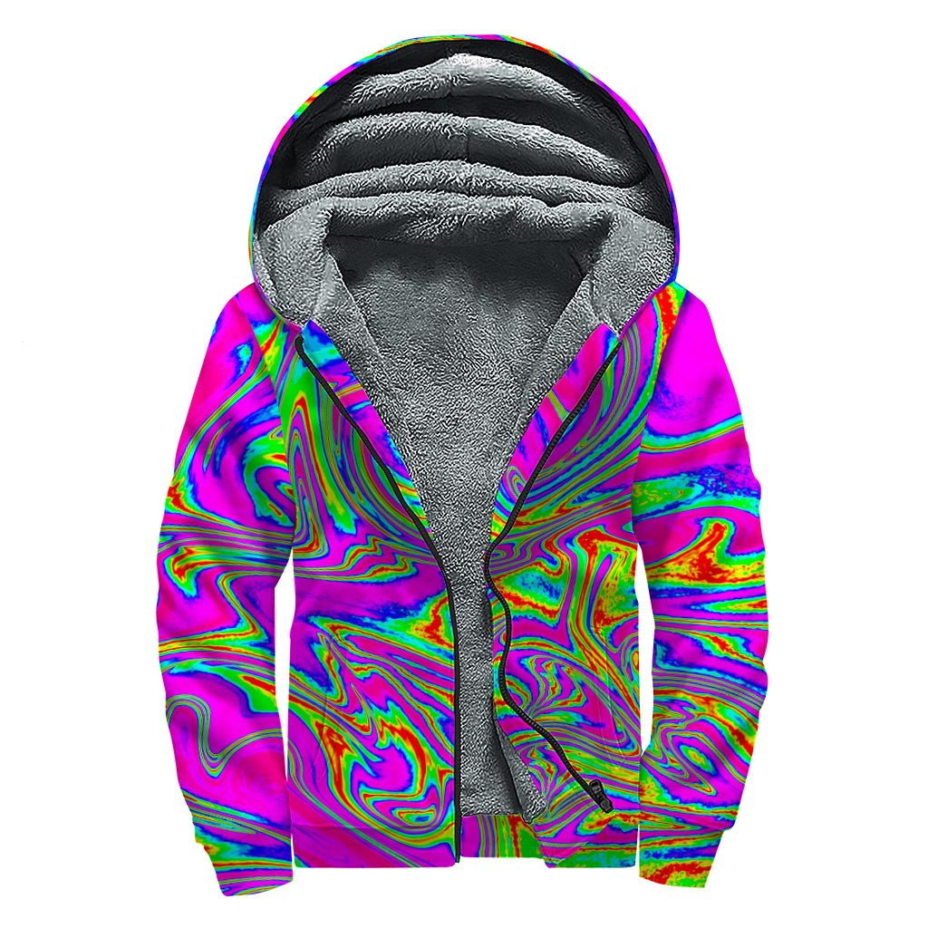 Abstract Psychedelic Liquid Trippy Print Sherpa Lined Zip Up Hoodie