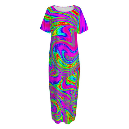 Abstract Psychedelic Liquid Trippy Print Short Sleeve Long Nightdress