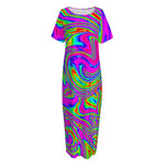 Abstract Psychedelic Liquid Trippy Print Short Sleeve Long Nightdress