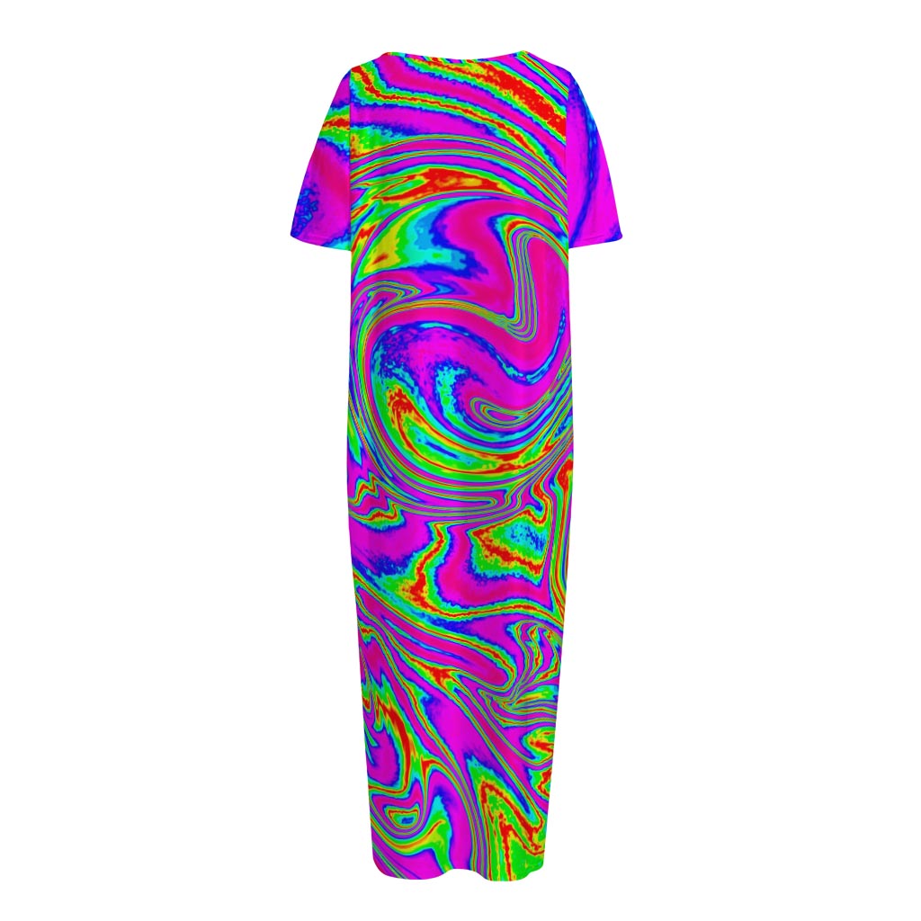 Abstract Psychedelic Liquid Trippy Print Short Sleeve Long Nightdress