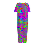 Abstract Psychedelic Liquid Trippy Print Short Sleeve Long Nightdress