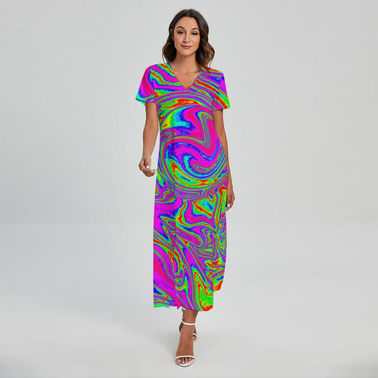 Abstract Psychedelic Liquid Trippy Print Short Sleeve Maxi Dress