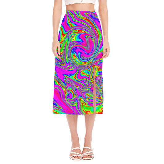 Abstract Psychedelic Liquid Trippy Print Side Slit Midi Skirt