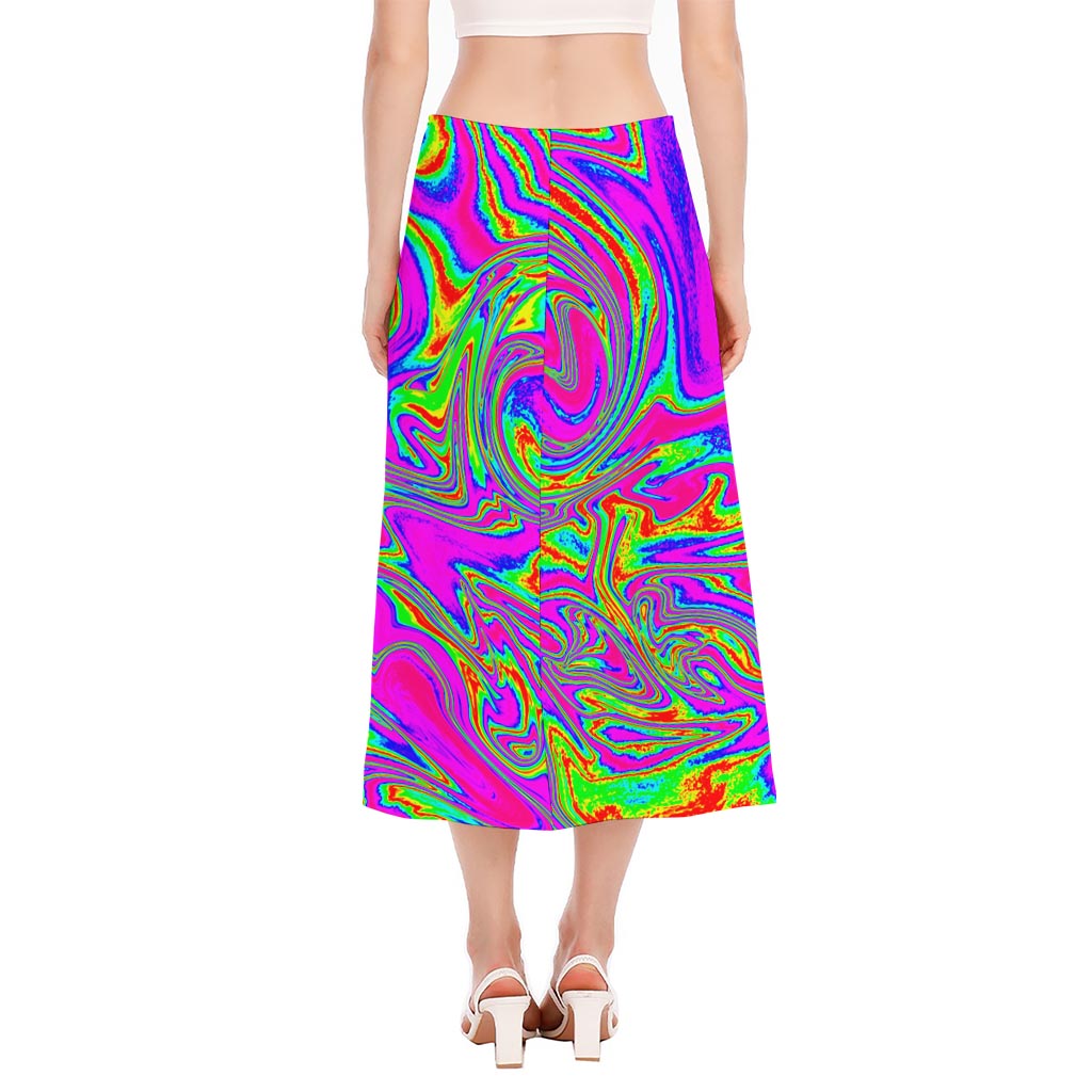 Abstract Psychedelic Liquid Trippy Print Side Slit Midi Skirt