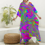 Abstract Psychedelic Liquid Trippy Print Silk V-Neck Kaftan Dress