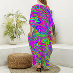 Abstract Psychedelic Liquid Trippy Print Silk V-Neck Kaftan Dress