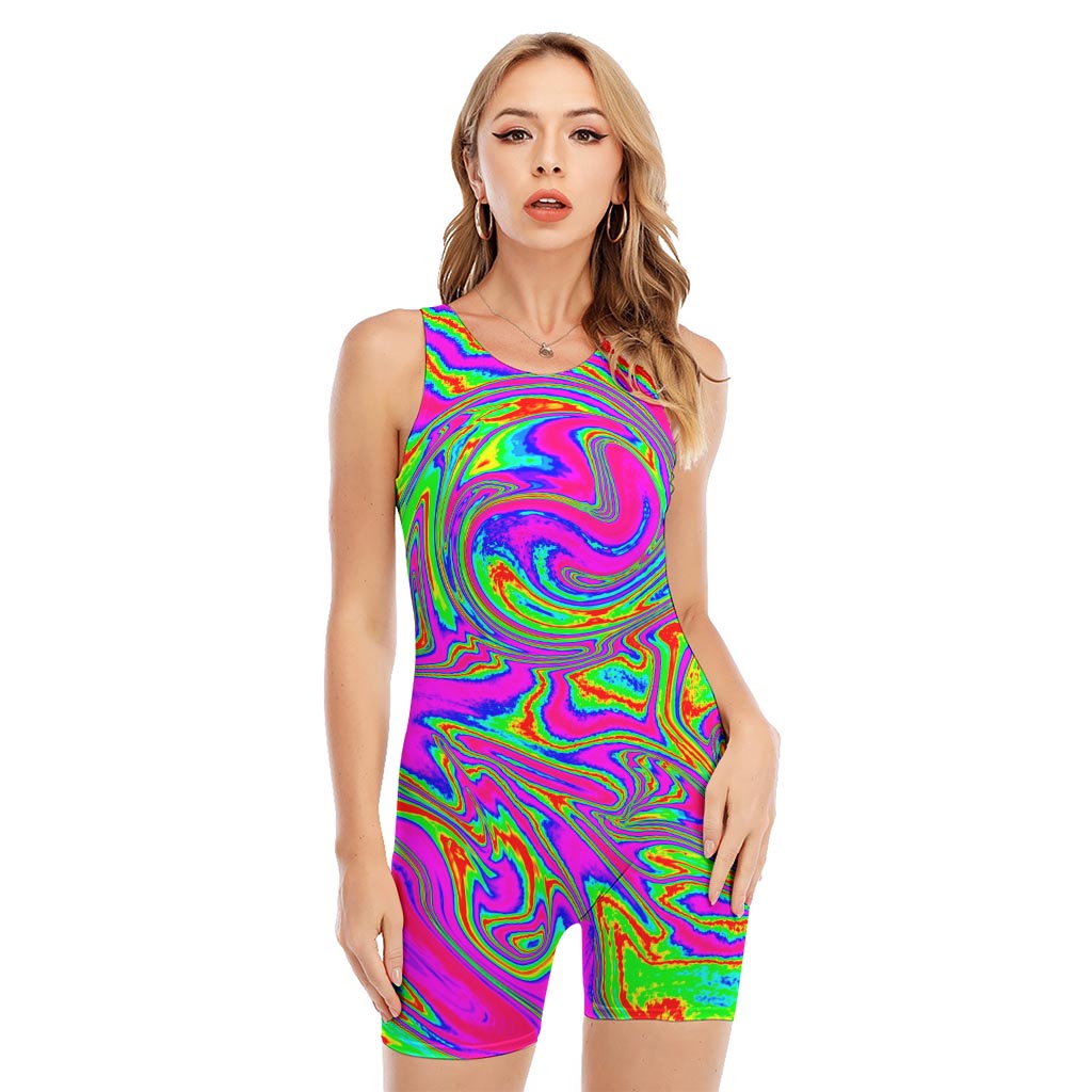 Abstract Psychedelic Liquid Trippy Print Sleeveless One Piece Swimsuit