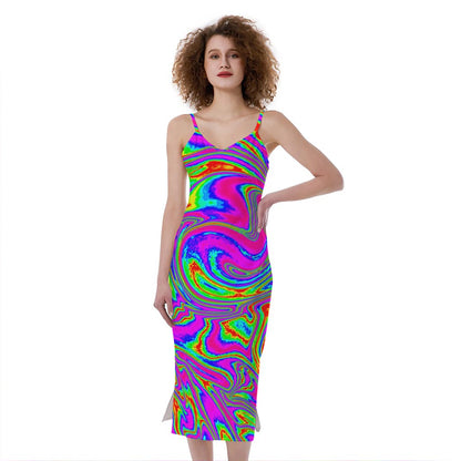 Abstract Psychedelic Liquid Trippy Print Slim Fit Midi Cami Dress