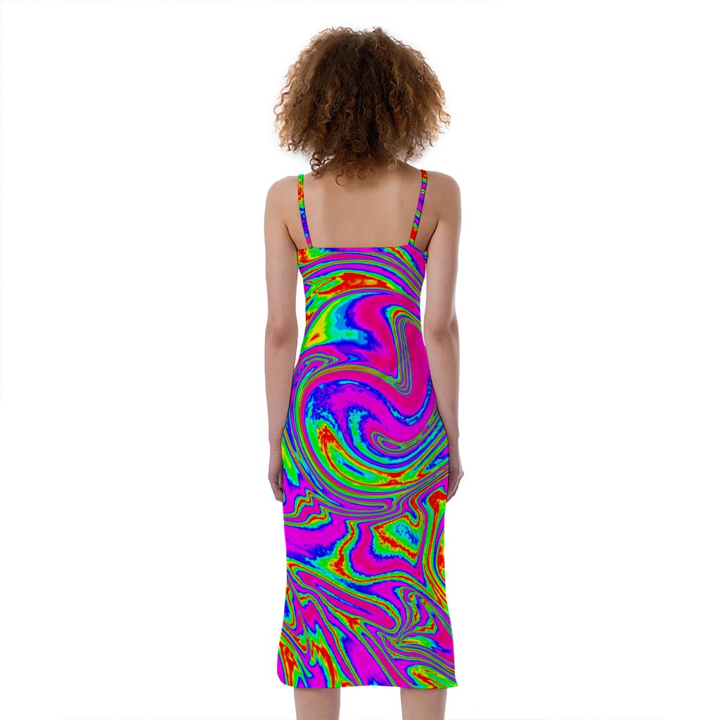 Abstract Psychedelic Liquid Trippy Print Slim Fit Midi Cami Dress