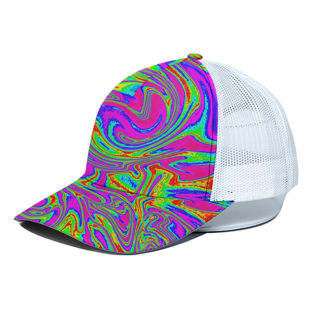 Abstract Psychedelic Liquid Trippy Print White Mesh Trucker Cap
