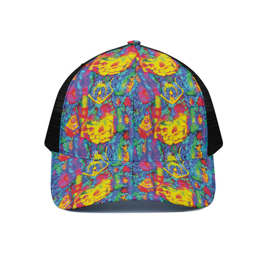 Abstract Psychedelic Print Black Mesh Trucker Cap